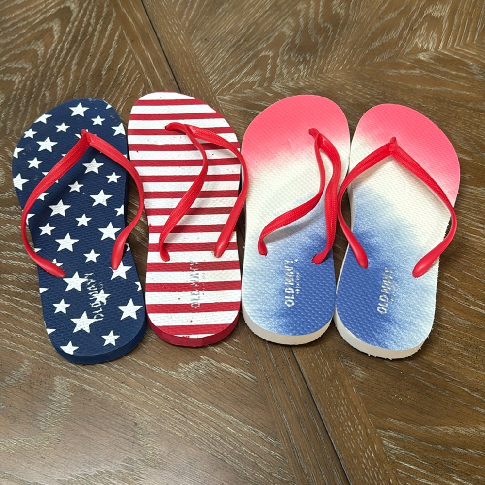 Old Navy Red, white, and blue flip flops, both 9-10